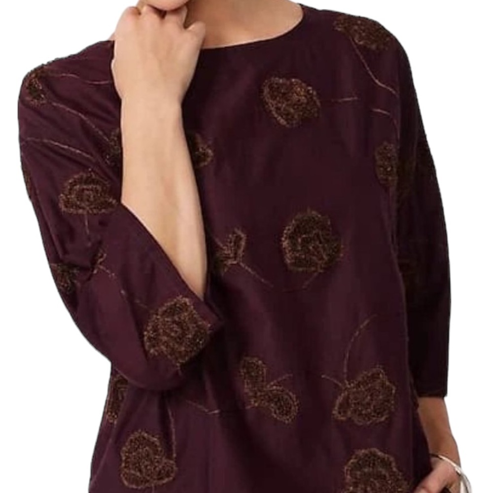 J. Jill Purple Cotton With Brown Embroidery 3/4 Sleeve Cropped Blouse XS